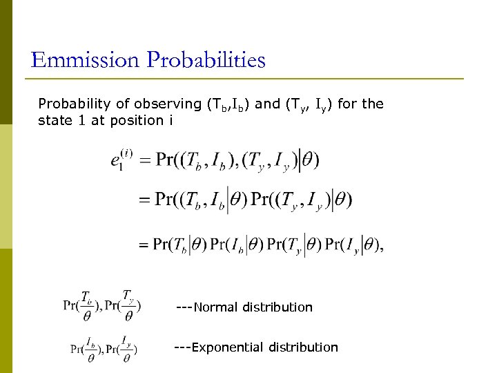 Emmission Probabilities Probability of observing (Tb, Ib) and (Ty, Iy) for the state 1