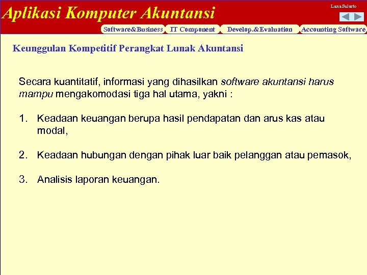 Aplikasi Komputer Akuntansi Software&Business IT Component Lana Sularto Develop. &Evaluation Accounting Software Keunggulan Kompetitif