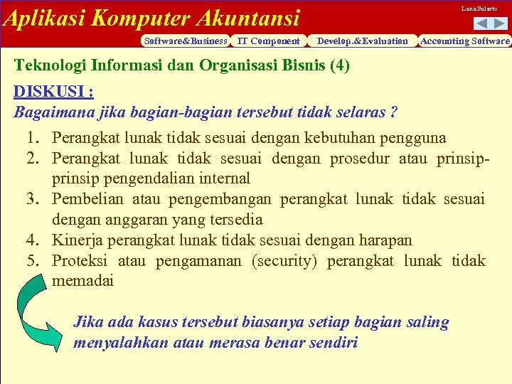 Aplikasi Komputer Akuntansi Software&Business IT Component Lana Sularto Develop. &Evaluation Accounting Software Teknologi Informasi