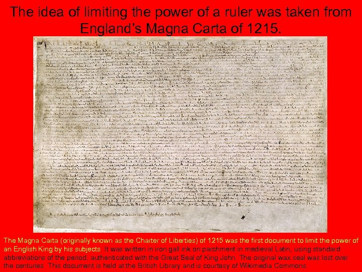 The idea of limiting the power of a ruler was taken from England’s Magna