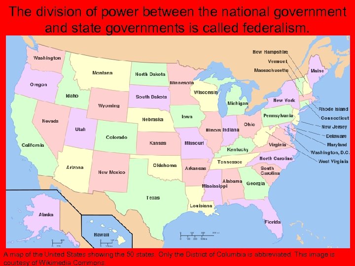 The division of power between the national government and state governments is called federalism.
