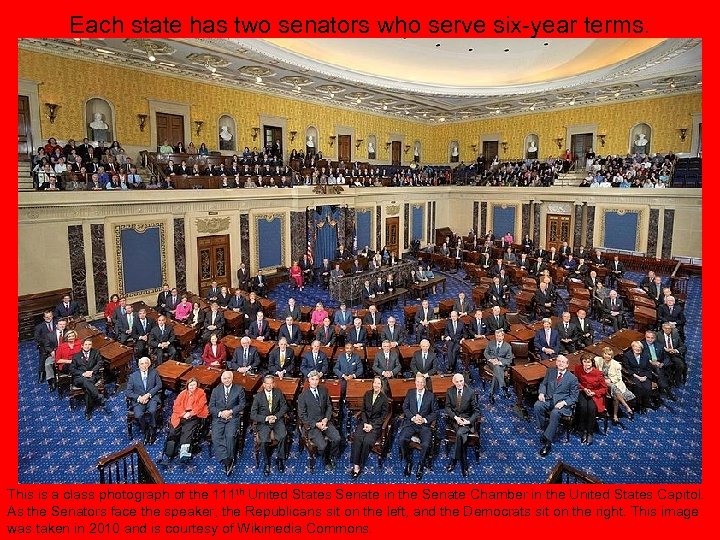 Each state has two senators who serve six-year terms. This is a class photograph