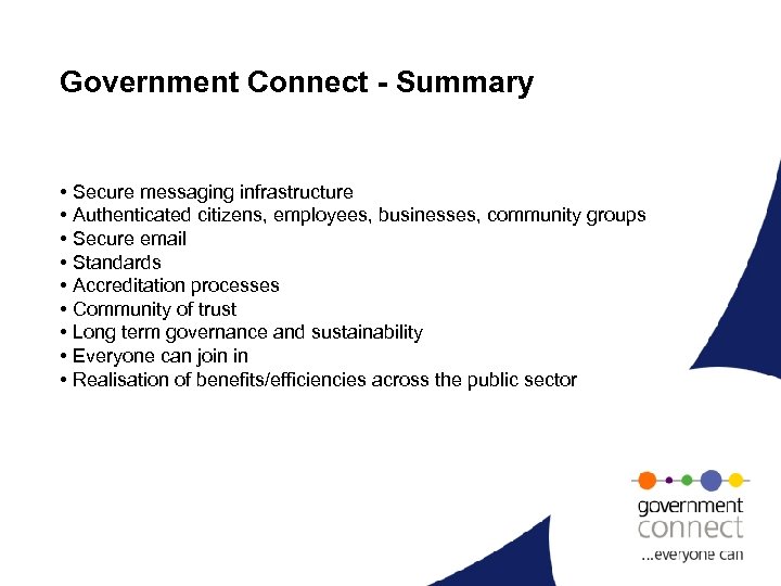 Government Connect - Summary • Secure messaging infrastructure • Authenticated citizens, employees, businesses, community