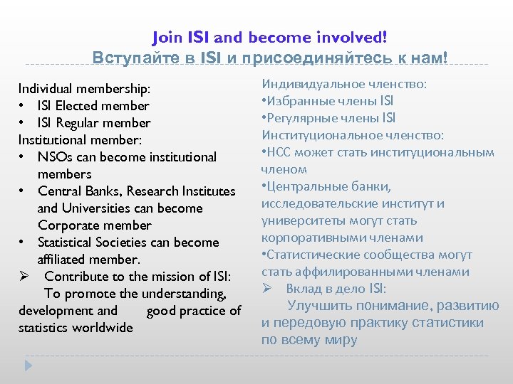 Join ISI and become involved! Вступайте в ISI и присоединяйтесь к нам! Individual membership: