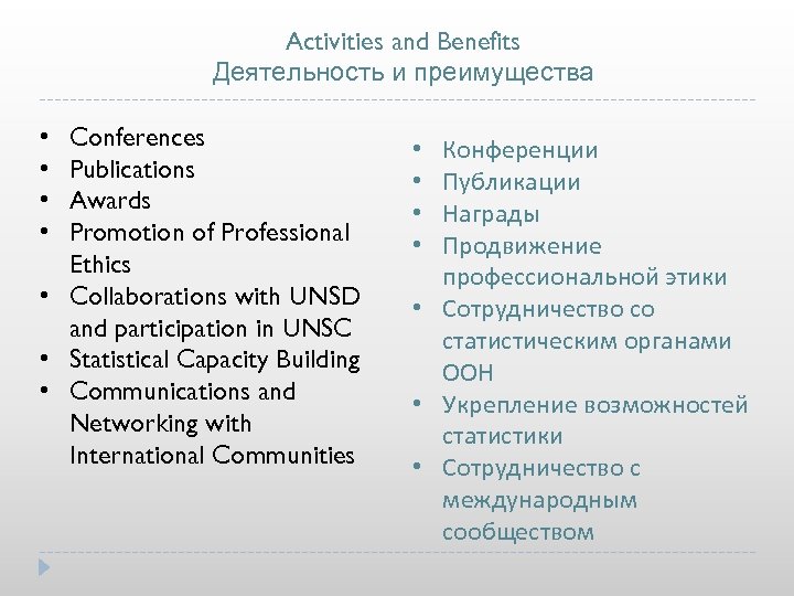 Activities and Benefits Деятельность и преимущества Conferences Publications Awards Promotion of Professional Ethics •
