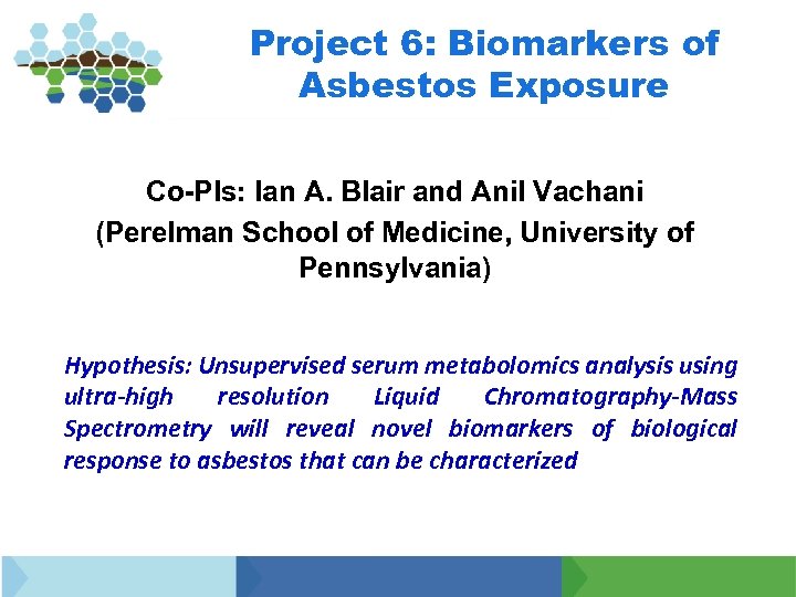 Project 6: Biomarkers of Asbestos Exposure Co-PIs: Ian A. Blair and Anil Vachani (Perelman