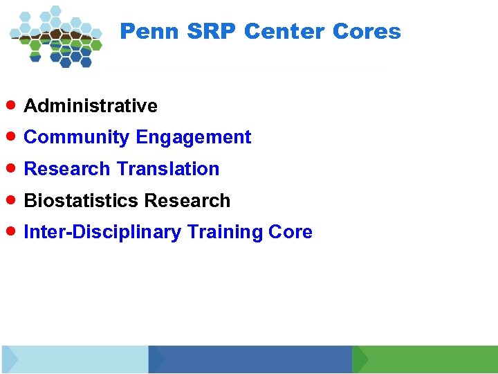 Penn SRP Center Cores · Administrative · Community Engagement · Research Translation · Biostatistics