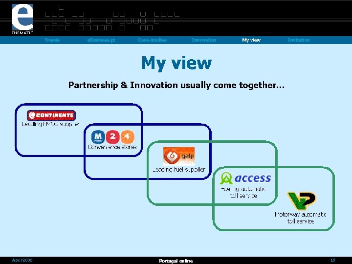 Trends April 2003 e. Business. pt Case-studies Innovation Portugal online My view Invitation 15