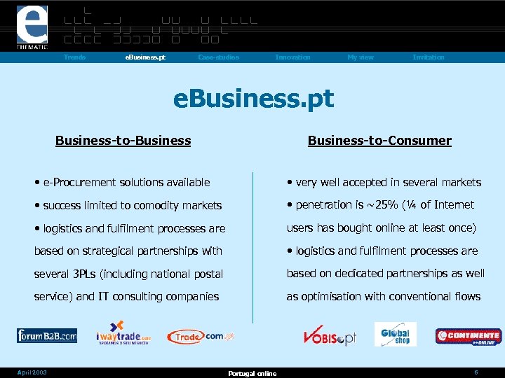 Trends e. Business. pt Case-studies Innovation My view Invitation e. Business. pt Business-to-Business-to-Consumer •