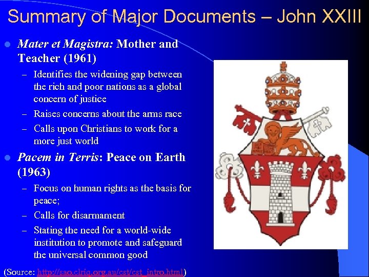 Summary of Major Documents – John XXIII l Mater et Magistra: Mother and Teacher