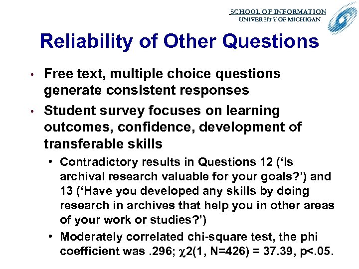 SCHOOL OF INFORMATION. UNIVERSITY OF MICHIGAN Reliability of Other Questions • • Free text,