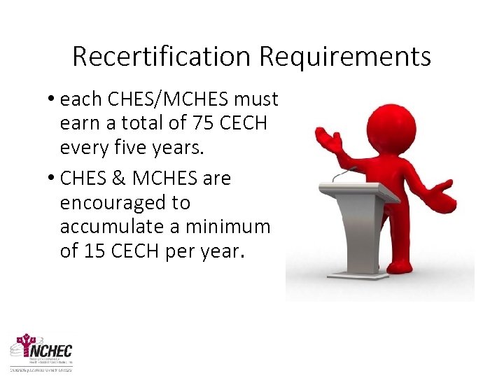 Recertification Requirements • each CHES/MCHES must earn a total of 75 CECH every five