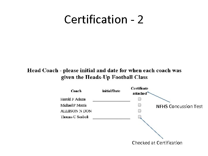 Certification - 2 NFHS Concussion Test Checked at Certification 
