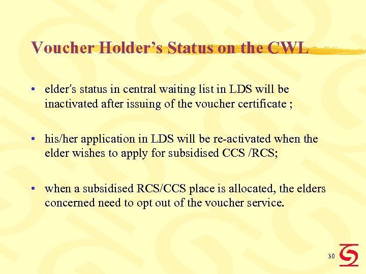 Voucher Holder’s Status on the CWL • elder’s status in central waiting list in