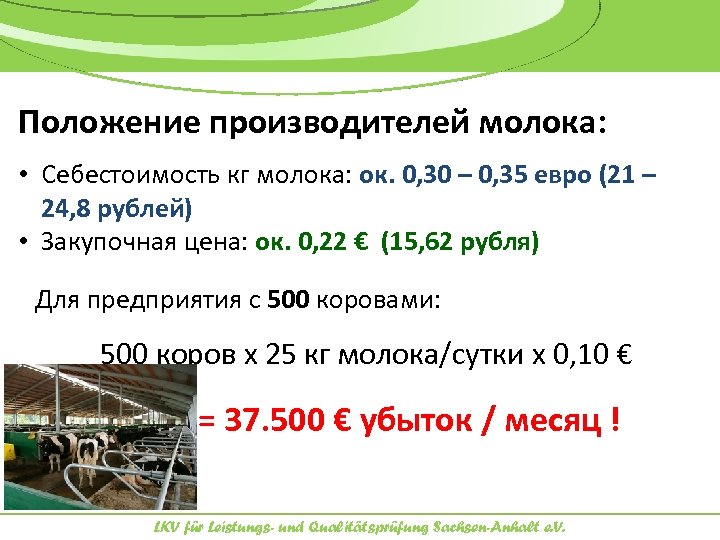Положение производителей молока: • Себестоимость кг молока: ок. 0, 30 – 0, 35 евро