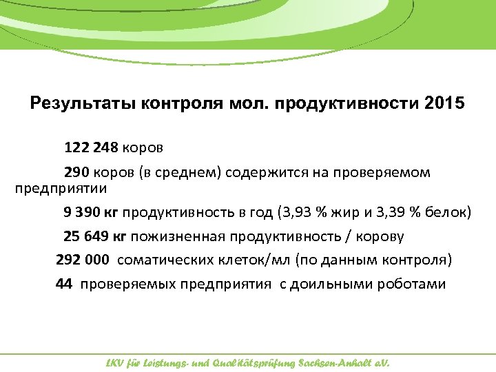 Результаты контроля мол. продуктивности 2015 122 248 коров 290 коров (в среднем) содержится на