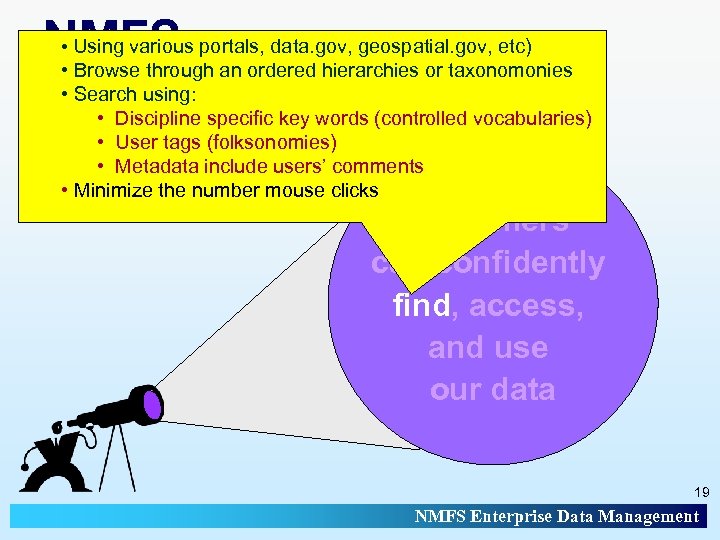 Using various NMFS portals, data. gov, geospatial. gov, etc) • Browse through an ordered