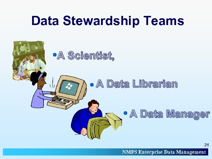 Data Stewardship Teams A Scientist, A Data Librarian A Data Manager 26 NMFS Enterprise