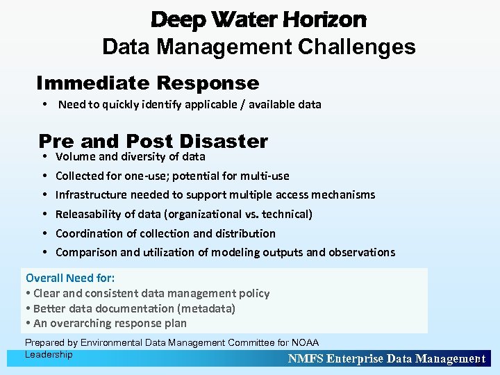 Deep Water Horizon Data Management Challenges Immediate Response • Need to quickly identify applicable