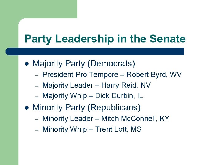 Party Leadership in the Senate l Majority Party (Democrats) – – – l President