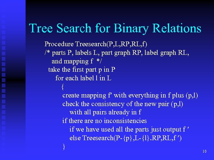 Tree Search for Binary Relations Procedure Treesearch(P, L, RP, RL, f) /* parts P,