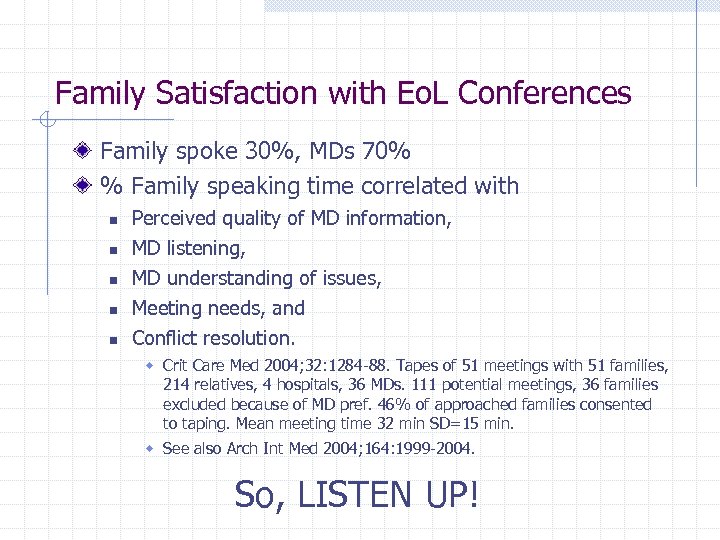 Family Satisfaction with Eo. L Conferences Family spoke 30%, MDs 70% % Family speaking