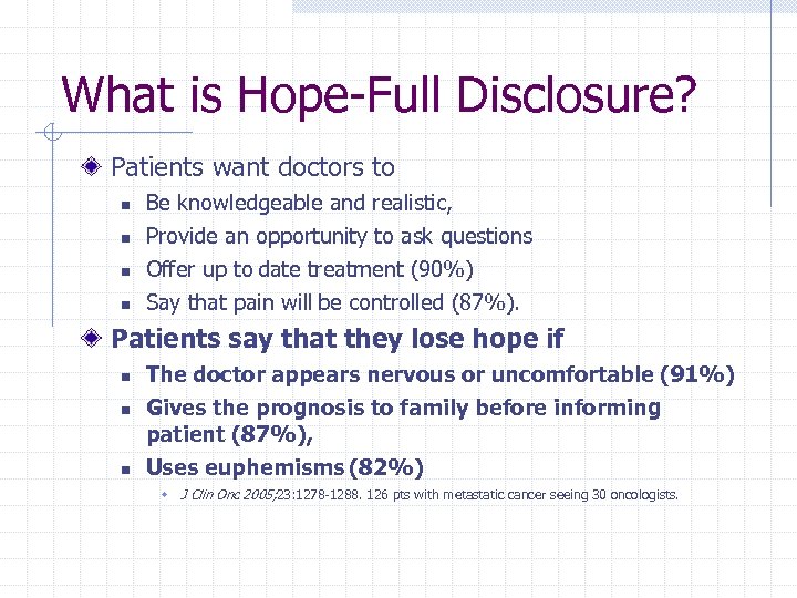 What is Hope-Full Disclosure? Patients want doctors to n n Be knowledgeable and realistic,