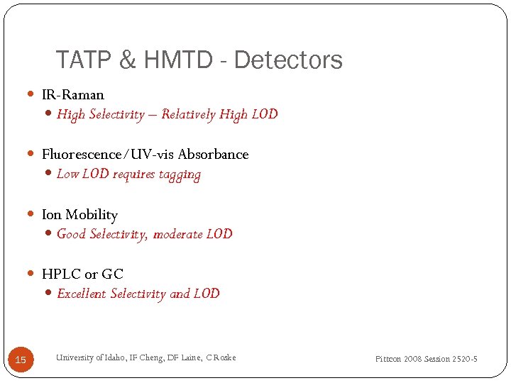 TATP & HMTD - Detectors IR-Raman High Selectivity – Relatively High LOD Fluorescence/UV-vis Absorbance