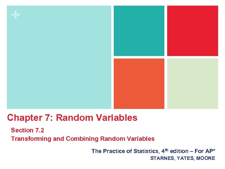 + Chapter 7: Random Variables Section 7. 2 Transforming and Combining Random Variables The