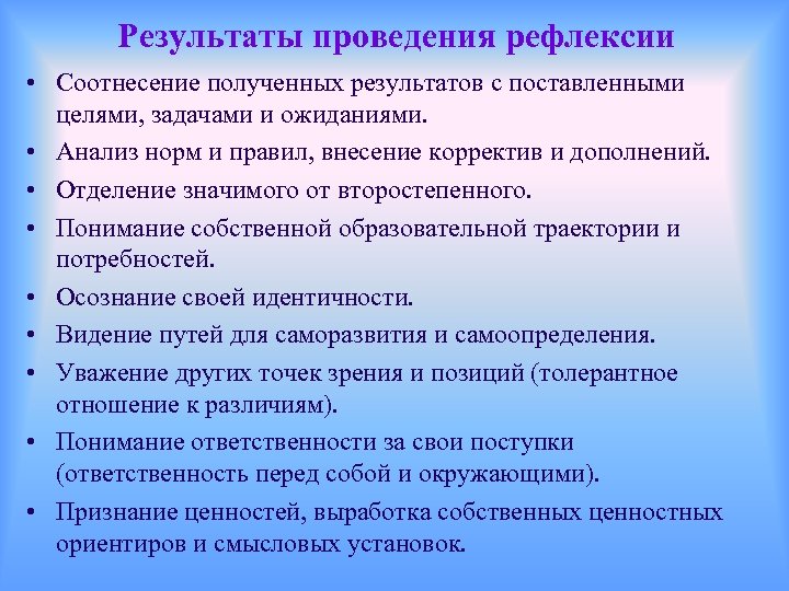 Результаты проведения рефлексии • Соотнесение полученных результатов с поставленными целями, задачами и ожиданиями. •