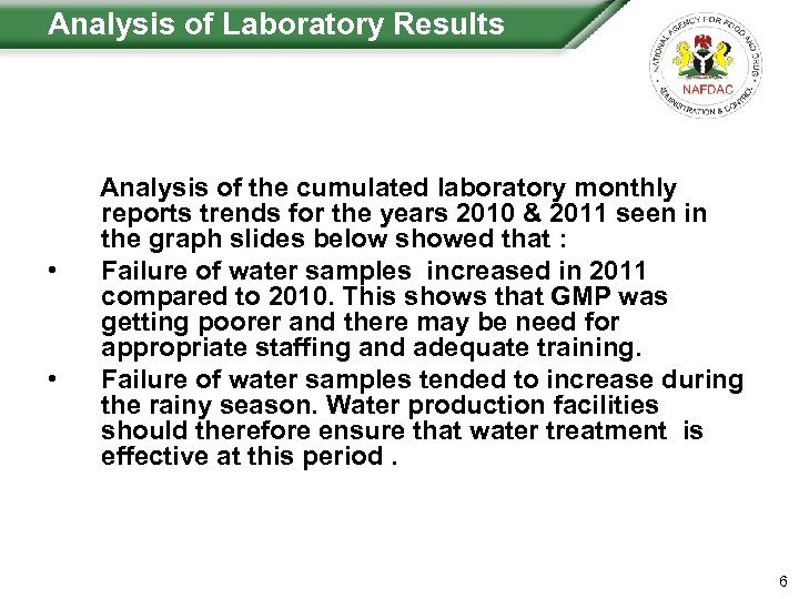 Analysis of Laboratory Results Analysis of the cumulated laboratory monthly reports trends for the