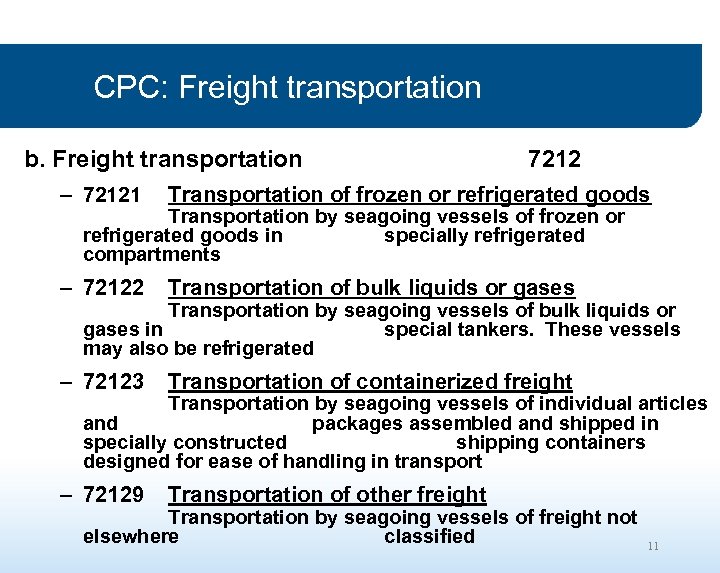 CPC: Freight transportation b. Freight transportation 7212 – 72121 Transportation of frozen or refrigerated