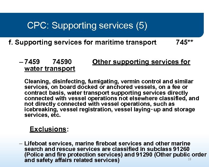 CPC: Supporting services (5) f. Supporting services for maritime transport – 74590 water transport