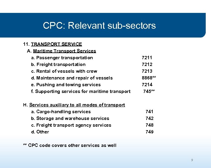 CPC: Relevant sub-sectors 11. TRANSPORT SERVICE A. Maritime Transport Services a. Passenger transportation 7211