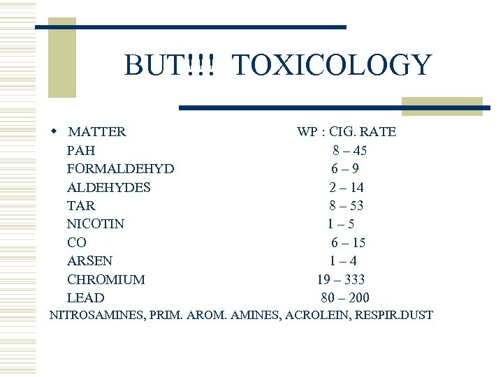 BUT!!! TOXICOLOGY w MATTER PAH FORMALDEHYDES TAR NICOTIN CO ARSEN CHROMIUM LEAD WP :