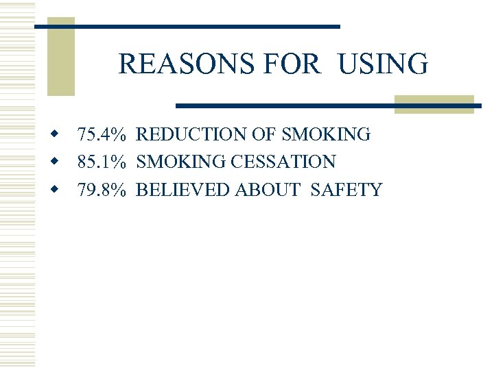 REASONS FOR USING w 75. 4% REDUCTION OF SMOKING w 85. 1% SMOKING CESSATION