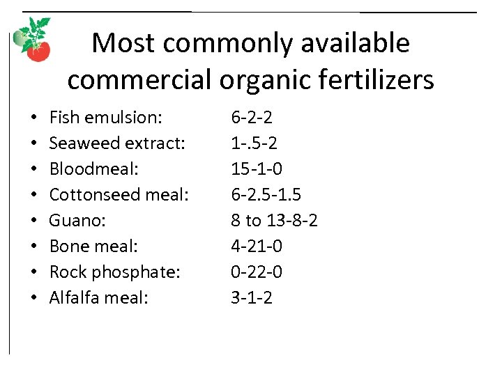 Most commonly available commercial organic fertilizers • • Fish emulsion: Seaweed extract: Bloodmeal: Cottonseed
