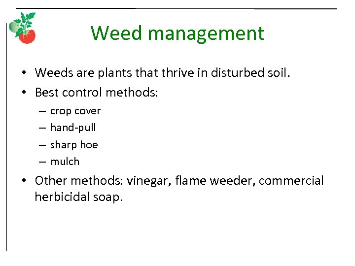 Weed management • Weeds are plants that thrive in disturbed soil. • Best control