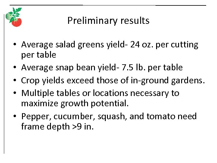 Preliminary results • Average salad greens yield- 24 oz. per cutting per table •