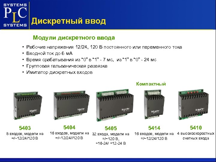 Дискретный ввод Модули дискретного ввода • • • Рабочие напряжения 12/24, 120 В постоянного