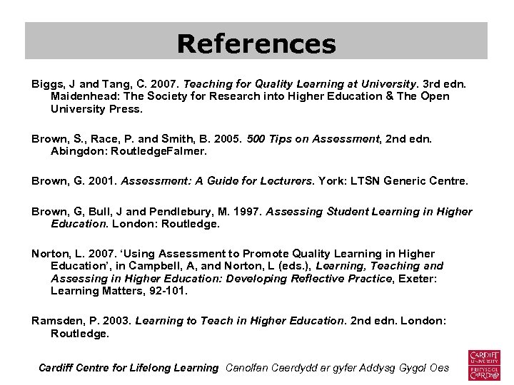 References Biggs, J and Tang, C. 2007. Teaching for Quality Learning at University. 3