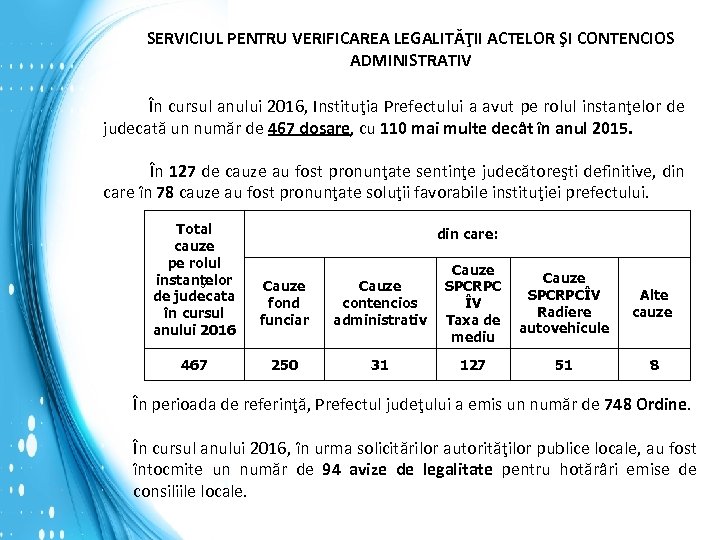 SERVICIUL PENTRU VERIFICAREA LEGALITĂŢII ACTELOR ŞI CONTENCIOS ADMINISTRATIV În cursul anului 2016, Instituţia Prefectului