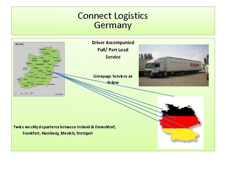 Connect Logistics Germany Driver Accompanied Full/ Part Load Service Groupage Services as Below Twice