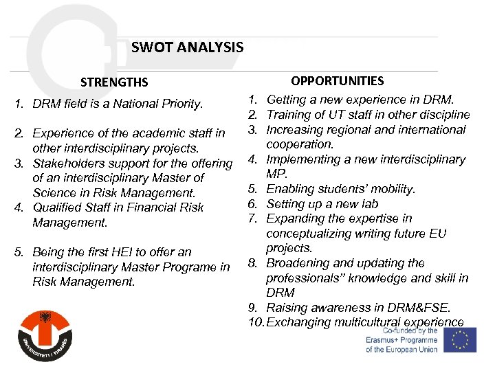 SWOT ANALYSIS STRENGTHS 1. DRM field is a National Priority. 2. Experience of the