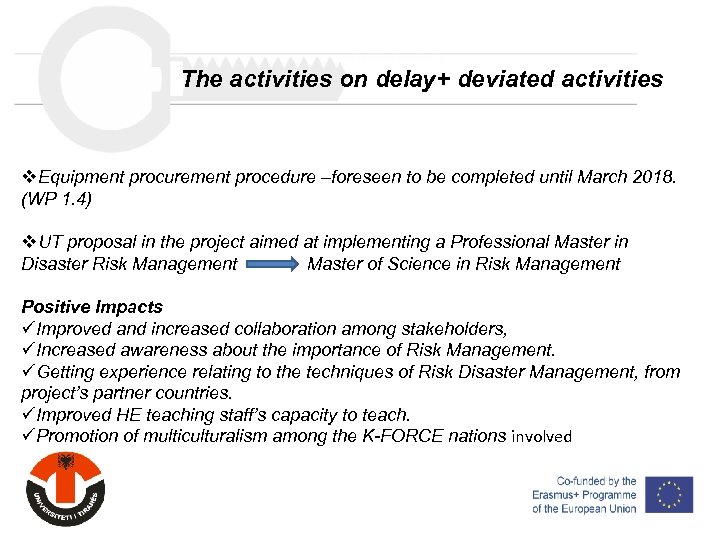 The activities on delay+ deviated activities v. Equipment procurement procedure –foreseen to be completed