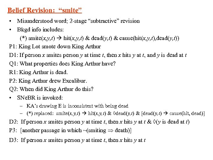 Belief Revision: “smite” • Misunderstood word; 2 -stage “subtractive” revision • Bkgd info includes: