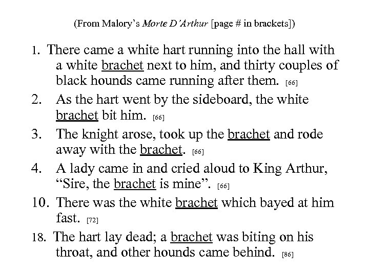 (From Malory’s Morte D’Arthur [page # in brackets]) 1. There came a white hart