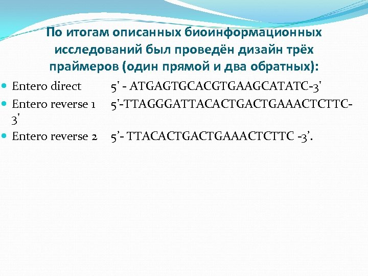 По итогам описанных биоинформационных исследований был проведён дизайн трёх праймеров (один прямой и два