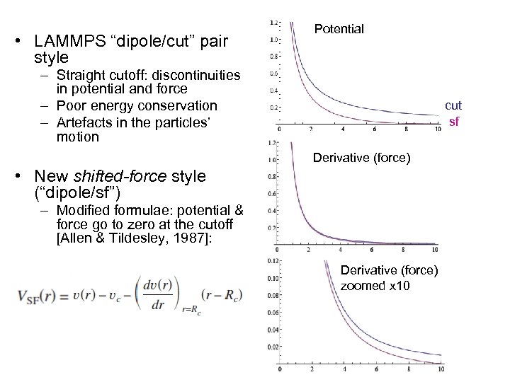  • LAMMPS “dipole/cut” pair style Potential – Straight cutoff: discontinuities in potential and