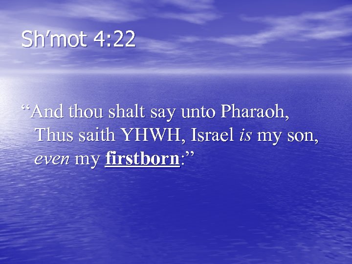 Sh’mot 4: 22 “And thou shalt say unto Pharaoh, Thus saith YHWH, Israel is